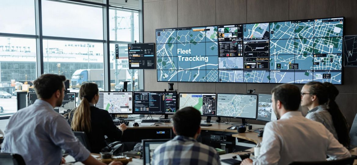 Fleet managers monitoring vehicle tracking in a modern office with trucks outside