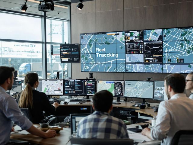 Fleet managers monitoring vehicle tracking in a modern office with trucks outside