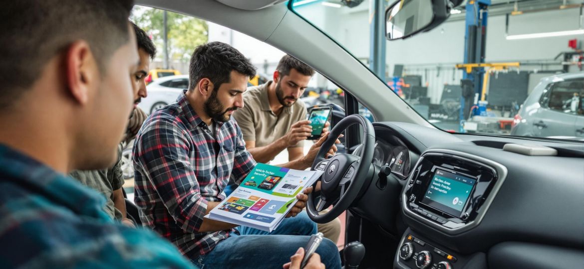 People installing GPS tracker in garage, tablet displays Vehicle Security