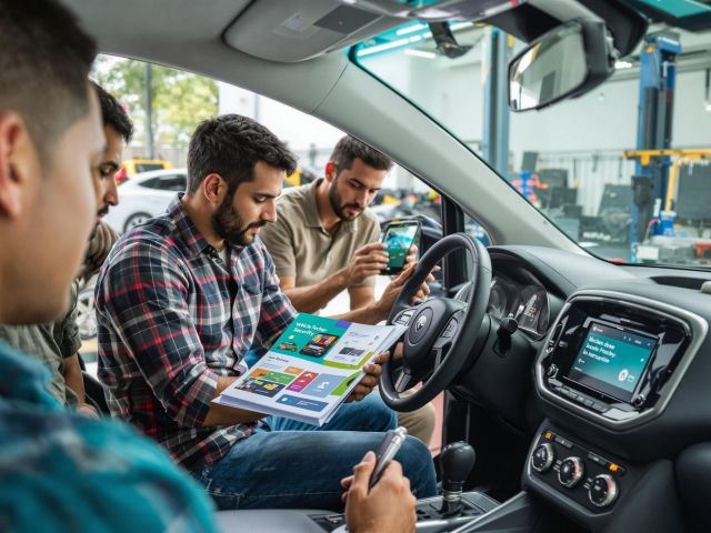 People installing GPS tracker in garage, tablet displays Vehicle Security
