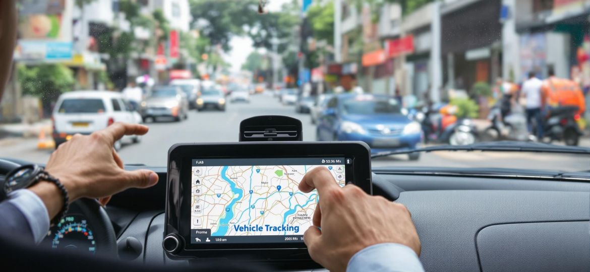 Fleet operator uses GPS tracking device in car dashboard on a city street